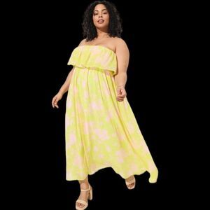 5X 28W Torrid Green Maxi Chiffon Ruffle Strapless Dress Pink Floral Smocked Neon